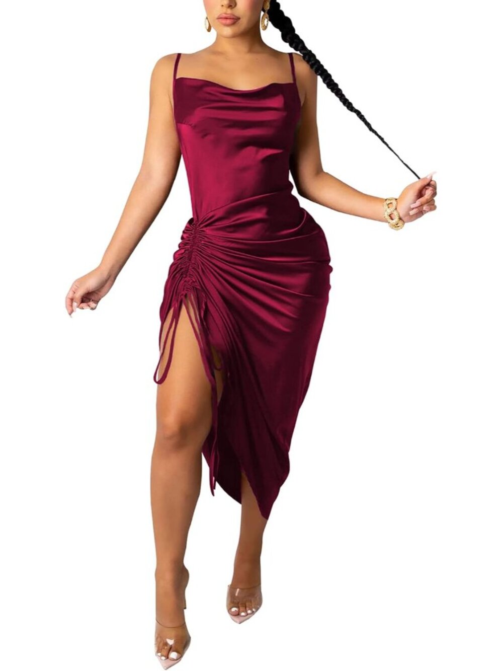 Women's Spaghetti Strap Satin Dress Sexy Backless Drawstring Ruched Split Hem Co